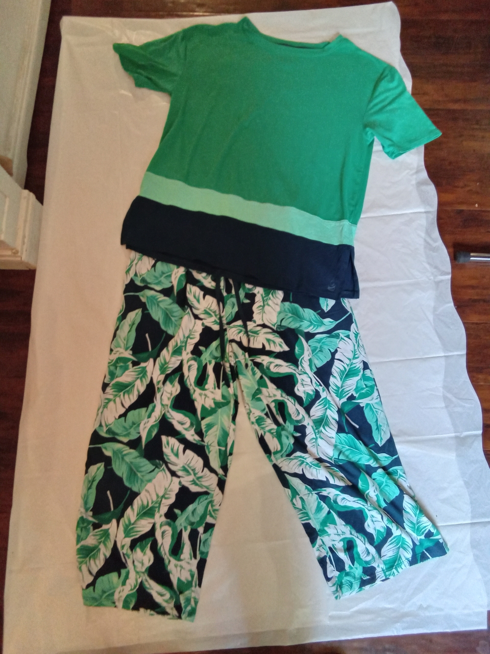 Cuddl Duds Green Colorblock Top with Leaf-Print Pajama Pants